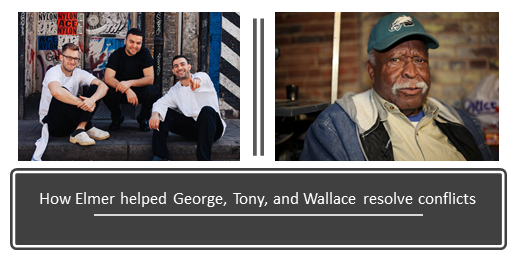 Group of men who were helped by wisdom of older man to resolve conflicts