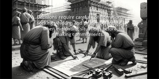 Decisions require careful consideration, seeking wisdom, and prudent planning, when evaluating situations before making commitments.