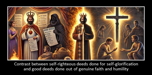 Contrast between self-righteous deeds done for self-glorification and good deeds done out of genuine faith and humility