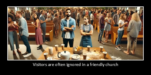 Visitors are often ignored at a friendly church.