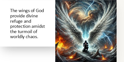 The wings of God provide divine refuge and protection amidst the turmoil of worldly chaos.
