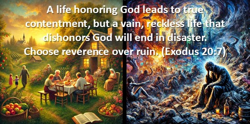 A life honoring God leads to true contentment, but a vain, reckless life that dishonors God will end in disaster. Choose reverence over ruin. (Exodus 20:7)