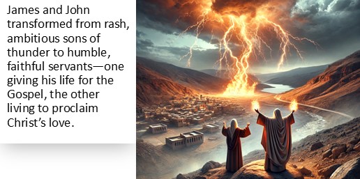 James and John transformed from rash, ambitious sons of thunder to humble, faithful servants—one giving his life for the Gospel, the other living to proclaim Christ’s love.