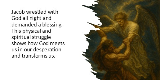 Jacob wrestled with God all night and demanded a blessing. This physical and spiritual struggle shows how God meets us in our desperation and transforms us.