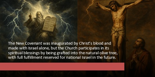 The New Covenant was inaugurated by Christ’s blood and made with Israel alone, but the Church participates in its spiritual blessings by being grafted into the natural olive tree, with full fulfillment reserved for national Israel in the future.