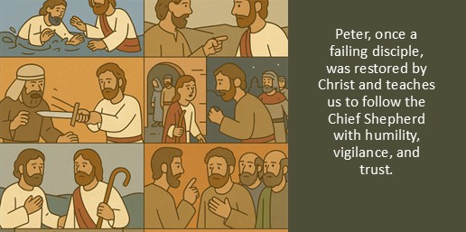 Peter, once a failing disciple, was restored by Christ and teaches us to follow the Chief Shepherd with humility, vigilance, and trust.
