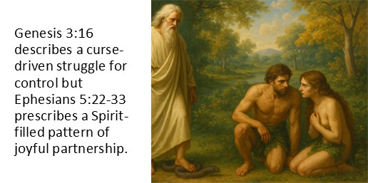 Stop Using Genesis 3:16 as God’s Design for Marriage. Genesis 3:16 describes a curse-driven struggle for control but Ephesians 5:22-33 prescribes a Spirit-filled pattern of joyful partnership.