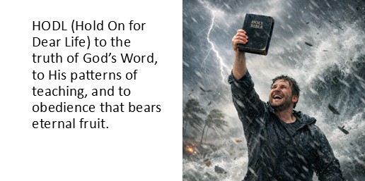 HODL (Hold On for Dear Life) to the truth of God’s Word, to His patterns of teaching, and to obedience that bears eternal fruit.