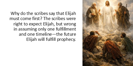 Why do the scribes say that Elijah must come first? The scribes were right to expect Elijah, but wrong in assuming only one fulfillment and one timeline—the future Elijah will fulfill prophecy.