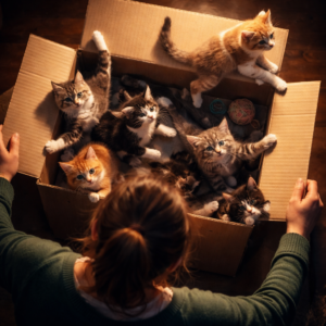 Chaotic box of kittens trying to escape while human caretaker controls from a higher position.