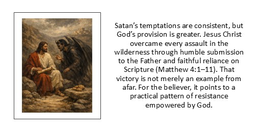 Satan’s temptations are consistent, but God’s provision is greater. Jesus Christ overcame every assault in the wilderness through humble submission to the Father and faithful reliance on Scripture (Matthew 4:1–11). That victory is not merely an example from afar. For the believer, it points to a practical pattern of resistance empowered by God.