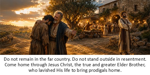 Do not remain in the far country. Do not stand outside in resentment. Come home through Jesus Christ, the true and greater Elder Brother, who lavished His life to bring prodigals home.