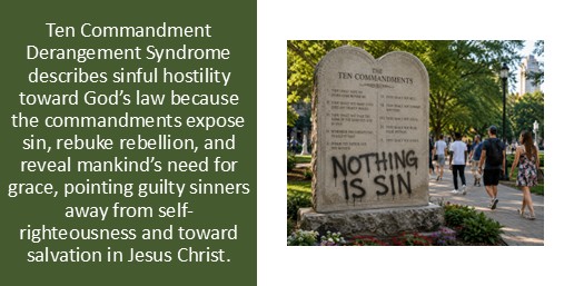 Ten Commandment Derangement Syndrome describes sinful hostility toward God’s law because the commandments expose sin, rebuke rebellion, and reveal mankind’s need for grace, pointing guilty sinners away from self-righteousness and toward salvation in Jesus Christ.