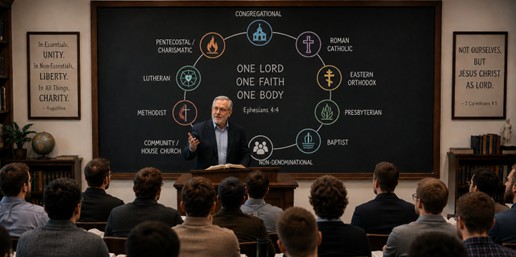 A denomination unites churches through shared doctrine, history, leadership, and ministry. Such cooperation can strengthen missions, training, and accountability, but it becomes dangerous when institutional authority competes with Scripture, conscience, or the lordship of Jesus Christ.