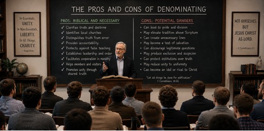 A denomination unites churches through shared doctrine, history, leadership, and ministry. Such cooperation can strengthen missions, training, and accountability, but it becomes dangerous when institutional authority competes with Scripture, conscience, or the lordship of Jesus Christ.