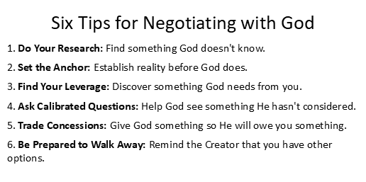 SIX TIPS FOR NEGOTIATING WITH GOD 1. Do Your Research: Find something God doesn't know. 2. Set the Anchor: Establish reality before God does. 3. Find Your Leverage: Discover something God needs from you. 4. Ask Calibrated Questions: Help God see something He hasn't considered. 5. Trade Concessions: Give God something so He will owe you something. 6. Be Prepared to Walk Away: Remind the Creator that you have other options.