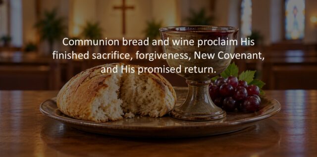 Communion bread and wine proclaim His finished sacrifice, forgiveness, New Covenant, and His promised return.